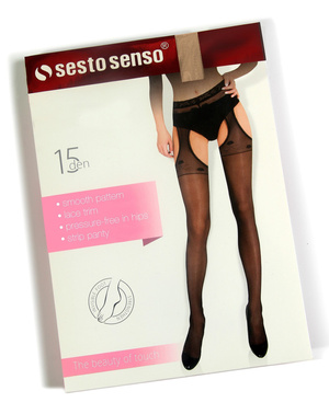 Sesto Senso Damen Strumpfhose Beatrice – Elegante 15 DEN Strippanty mit Spitzenabschluss, Bequem und Ohne Druck, Poliamid-Elastan Mix, Imitiert Strümpfe mit Gürtel, Beiger Jacquard-Stil, Ideal für Alltag und besondere Anlässe