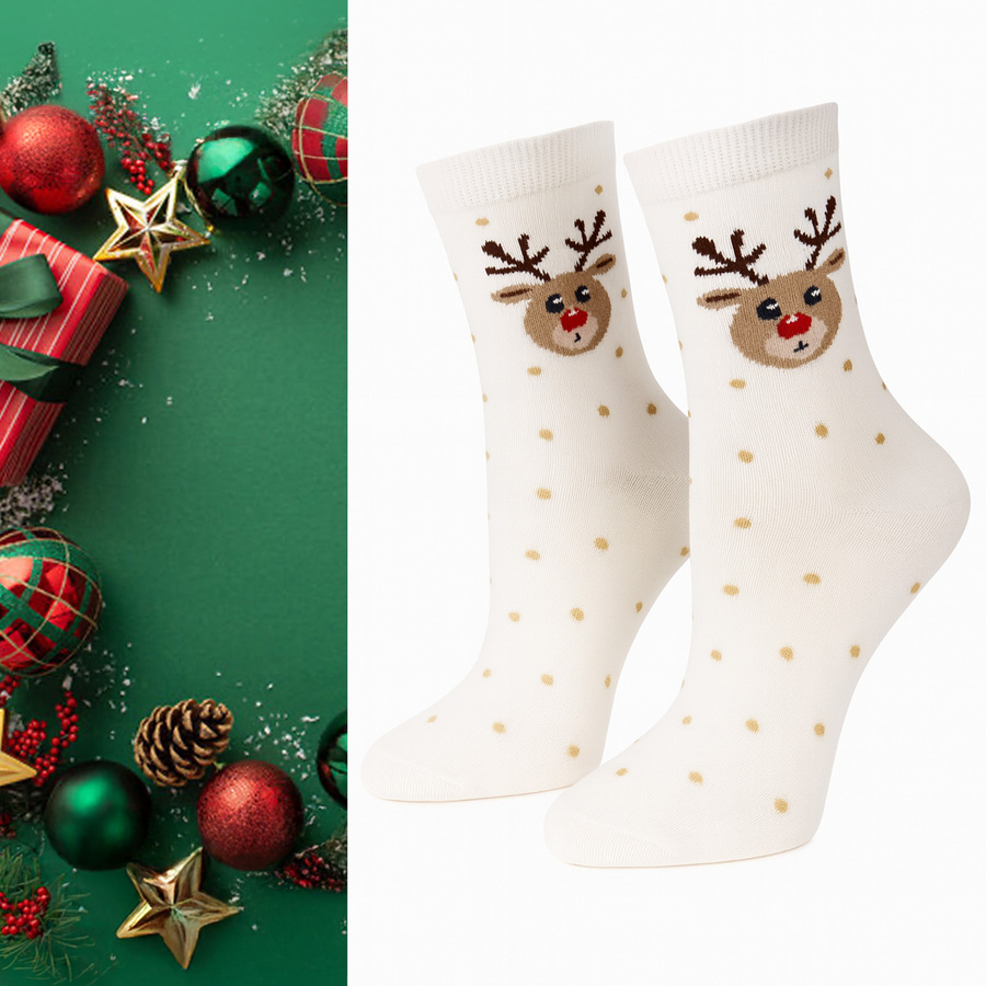 Women's Christmas socks Reindeer and dots 1283.033, Color Ecru, Size 37-41