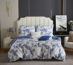 Bettwäsche Y014 Weiß mit blauen und beigen Pflanzenmotiv