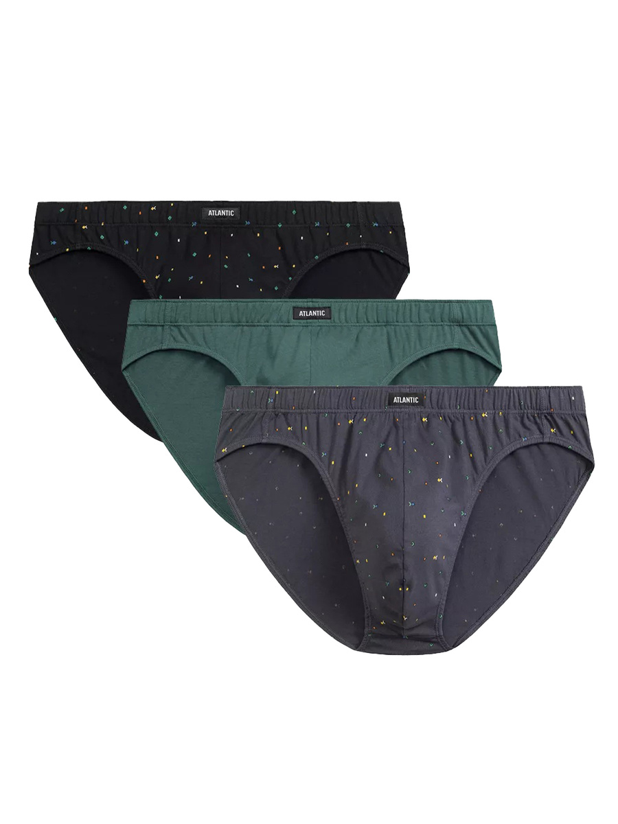 Atlantic Herren Slip Set – Bequeme Baumwollunterwäsche mit Tetris Print, 3er Pack, Schwarz/Grau/Grün, Klassischer Schnitt, Frühling/Sommer 2025