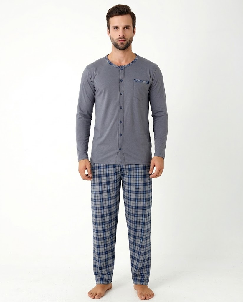 Schlafanzug Herren Grau Knopfverschluss