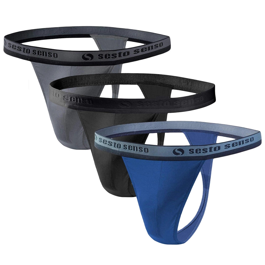 Sesto Senso Herren String Tanga Set – Komfortable Baumwollunterwäsche, Anatomic Design, Flache Nähte, 3er Pack, Grau/Schwarz/Blau, Ideal für den Alltag, 95% Baumwolle, 5% Elasthan