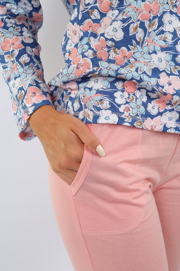 Sesto Senso Damen Pyjama Set – Bequeme Baumwolle, Langer Ärmel, Florales Muster, Pastellhose mit Taschen, Ideal für Schlaf und Freizeit, Farbe: Apricot, Größe: S-XL, Hochwertig und Elegant