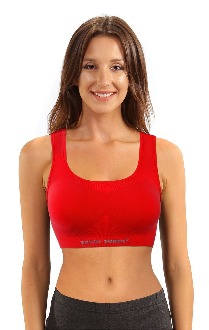 Sesto Senso Damen Seamless Sport Top – Nahtloser Sport-BH, Elastisch, Atmungsaktiv, Thermoregulierend, Doppellagig, Perfekte Passform, Rot, Poliamid, Ideal für Fitness, Crossfit, Laufen, Radfahren, Neu