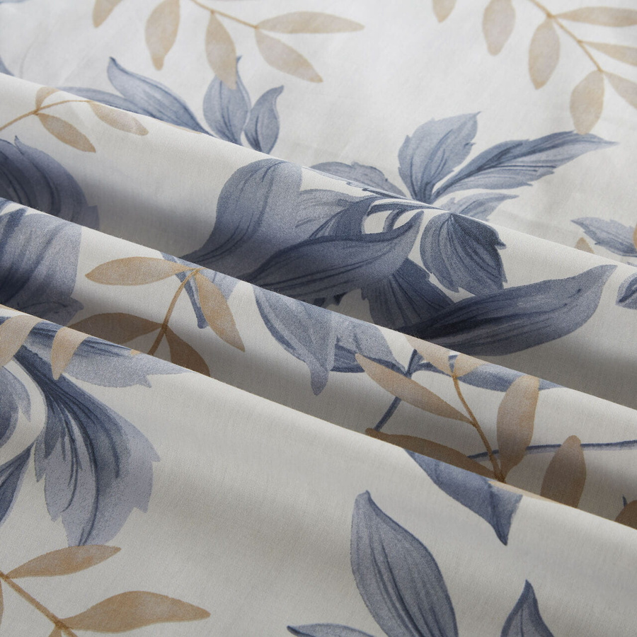 Bettwäsche Y014 Weiß mit blauen und beigen Pflanzenmotiv