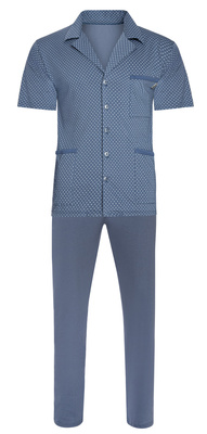 Sesto Senso Herren Baumwoll Pyjama – Kurzarm, Lang Hose, Knopfleiste, Anker Muster, Bequem für Zuhause und Krankenhaus, Geschenkverpackung, Farbe: Jeans Blau, 100% Baumwolle