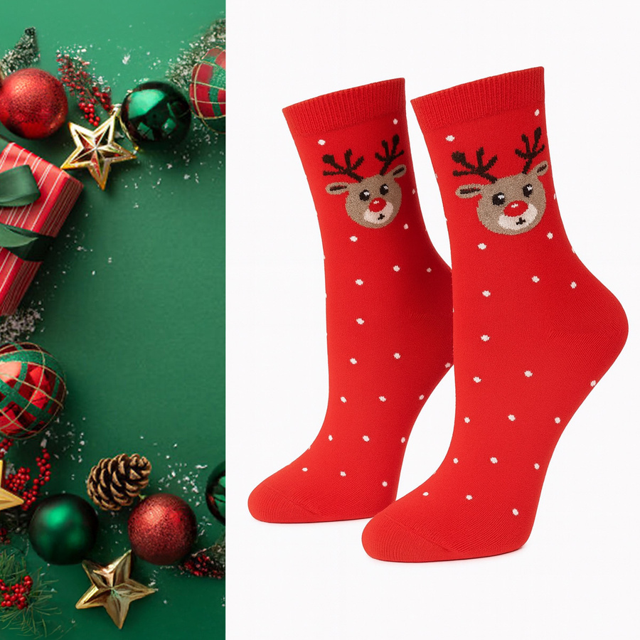 Women's Christmas socks Reindeer and dots 1283.033, Color Ecru, Size 37-41