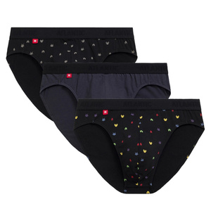 Atlantic Herren Sport Slips Set – Bequeme Unterwäsche aus Baumwolle mit Elastan, Atmungsaktiv, 3er Pack, Grau/Schwarz mit Print, Herbst/Winter Kollektion