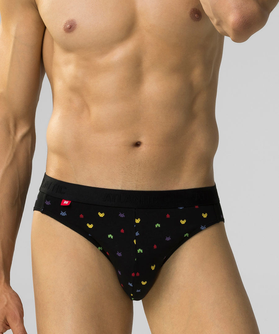 Atlantic Herren Sport Slips Set – Bequeme Unterwäsche aus Baumwolle mit Elastan, Atmungsaktiv, 3er Pack, Grau/Schwarz mit Print, Herbst/Winter Kollektion