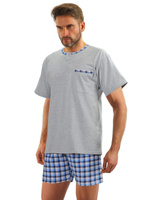 Sesto Senso Herren Pyjama Set – Kurzarmshirt und Shorts, 100% Baumwolle, Atmungsaktiv, Komfortabel, Madras Karo Design, Praktische Taschen, Europäische Qualität, Farbe: Grau, Größe: M-L, Ideal für Sommernächte