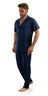 Sesto Senso Herren Pyjama Set – Kurzarm, Langhose, 100% Baumwolle, Knopfleiste, Anker Muster, Praktische Taschen, Elegante Geschenkbox, Ideal für Zuhause und Krankenhaus, Dunkelblau