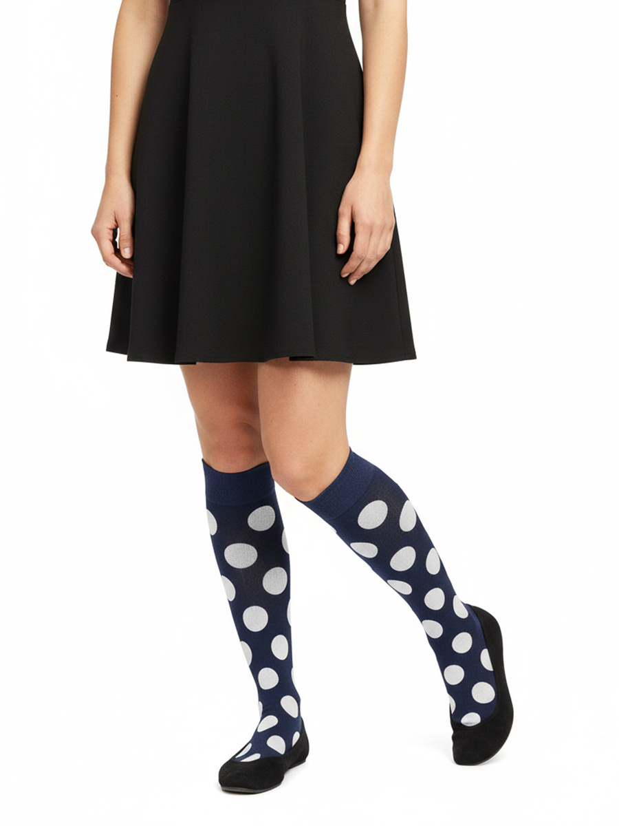 Damenkniestrümpfe Serie Punkte Blau, Weiß