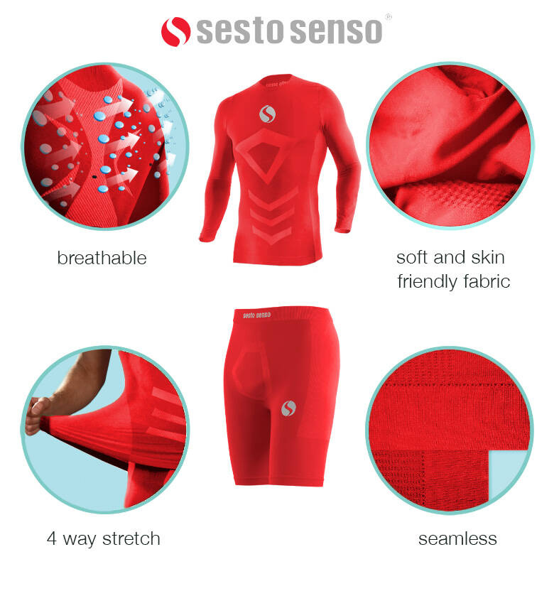 Sesto Senso Herren Thermoaktive Unterwäsche Set – Elastisches Funktionsmaterial, Atmungsaktiv, Nahtlos, Ideal für Sport, Rot, Ärmelloses Shirt und Kurze Hosen, Poliamid, Sportbekleidung für Winter
