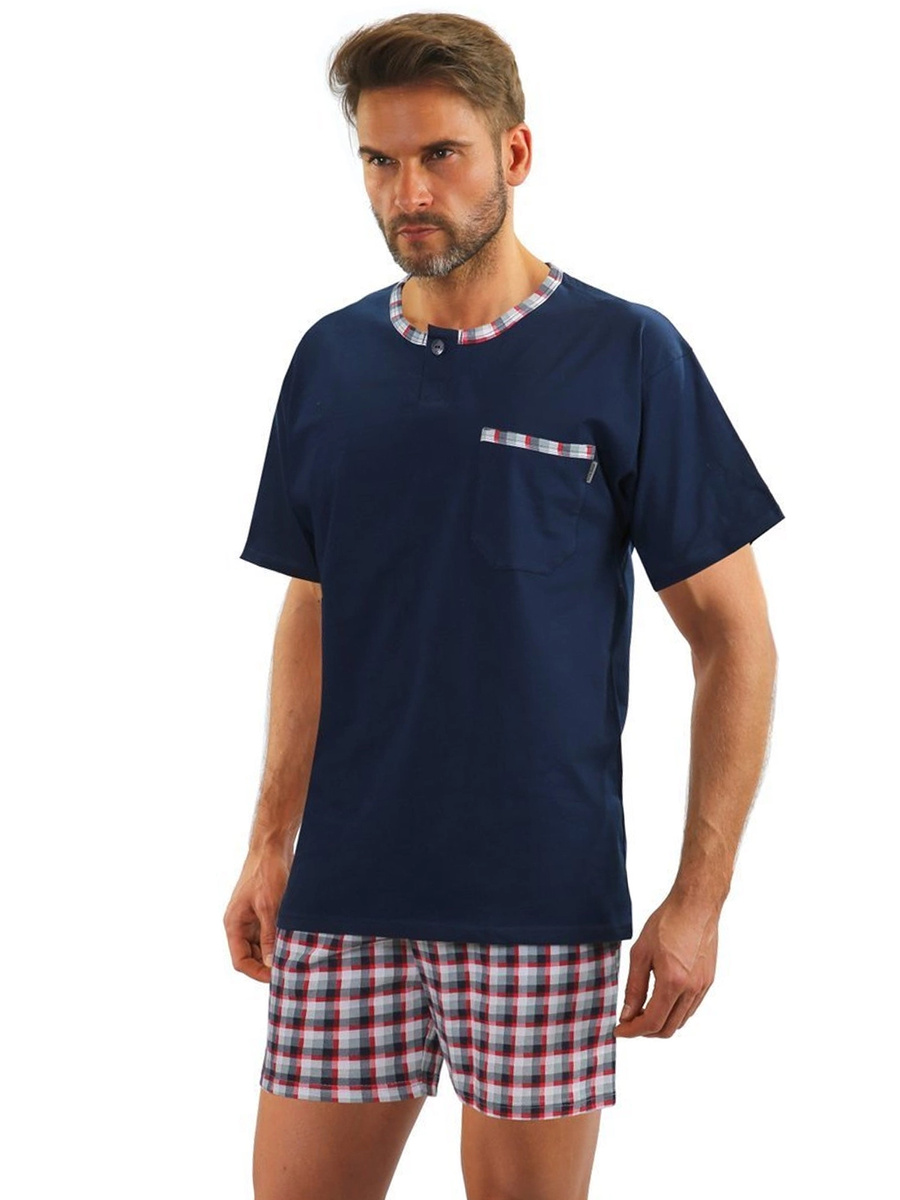 Herrenschlafanzug Kurzarm Kurze Hose Blau