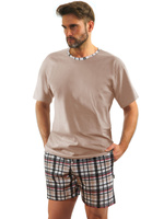 Sesto Senso Herren Schlafanzug Set – Kurze Ärmel und Shorts, 100% Baumwolle, Komfortabel und Atmungsaktiv, Elegantes Design mit Madras-Karomuster, Ideal für Sommernächte, Beige, Modell 2187/27