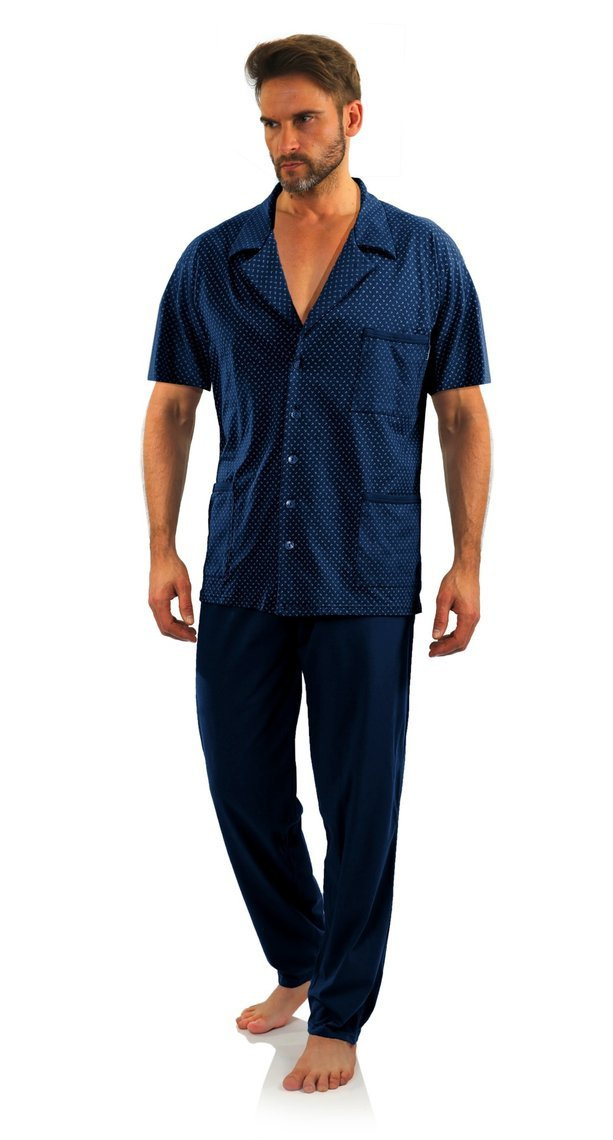 Sesto Senso Herren Pyjama Set – Kurzarm, Langhose, 100% Baumwolle, Knopfleiste, Anker Muster, Praktische Taschen, Elegante Geschenkbox, Ideal für Zuhause und Krankenhaus, Dunkelblau